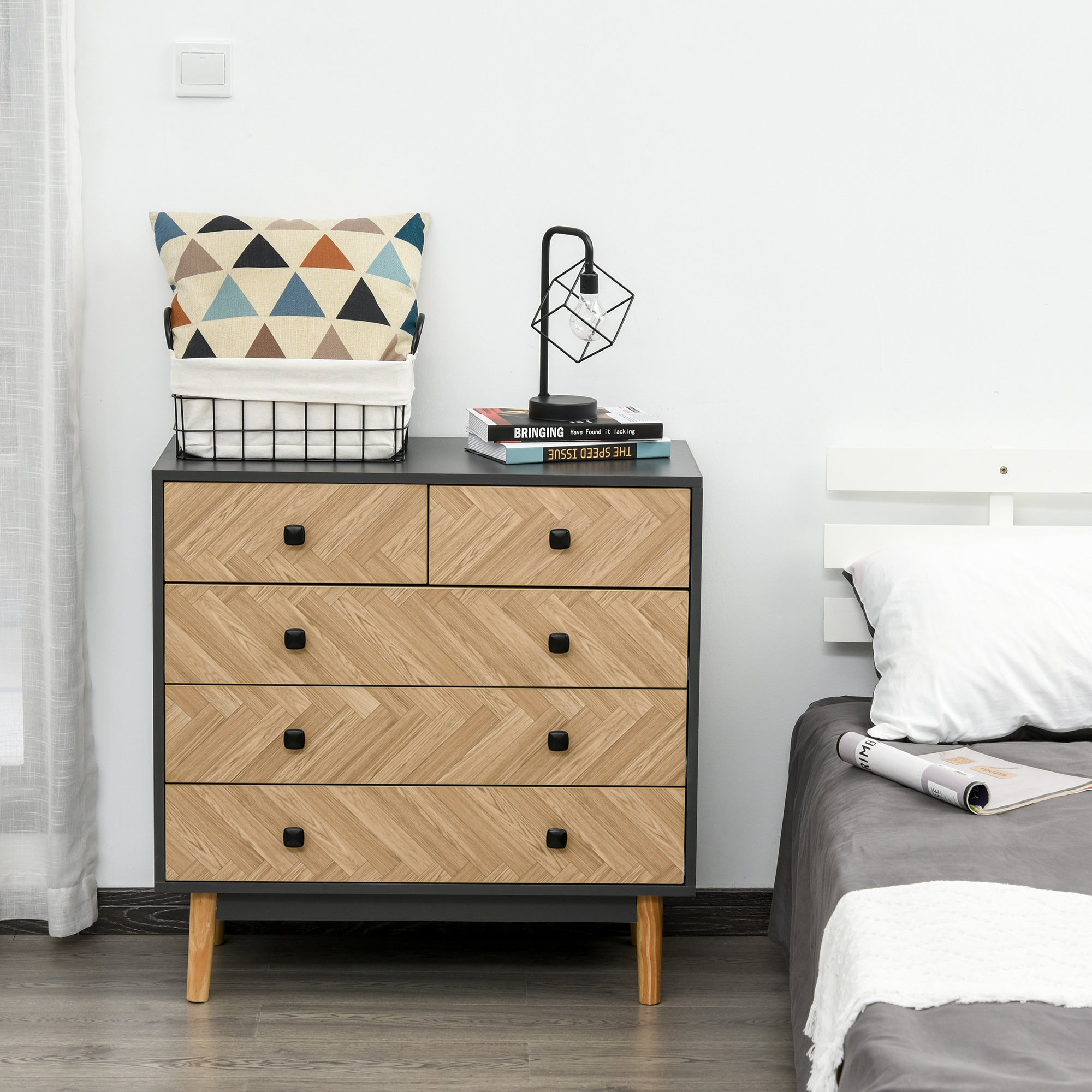 Kozy Chest of Drawers, 5 Drawer Storage Cabinet Sideboards with Metal Handles Freestanding Dresser for Bedroom, Living Room