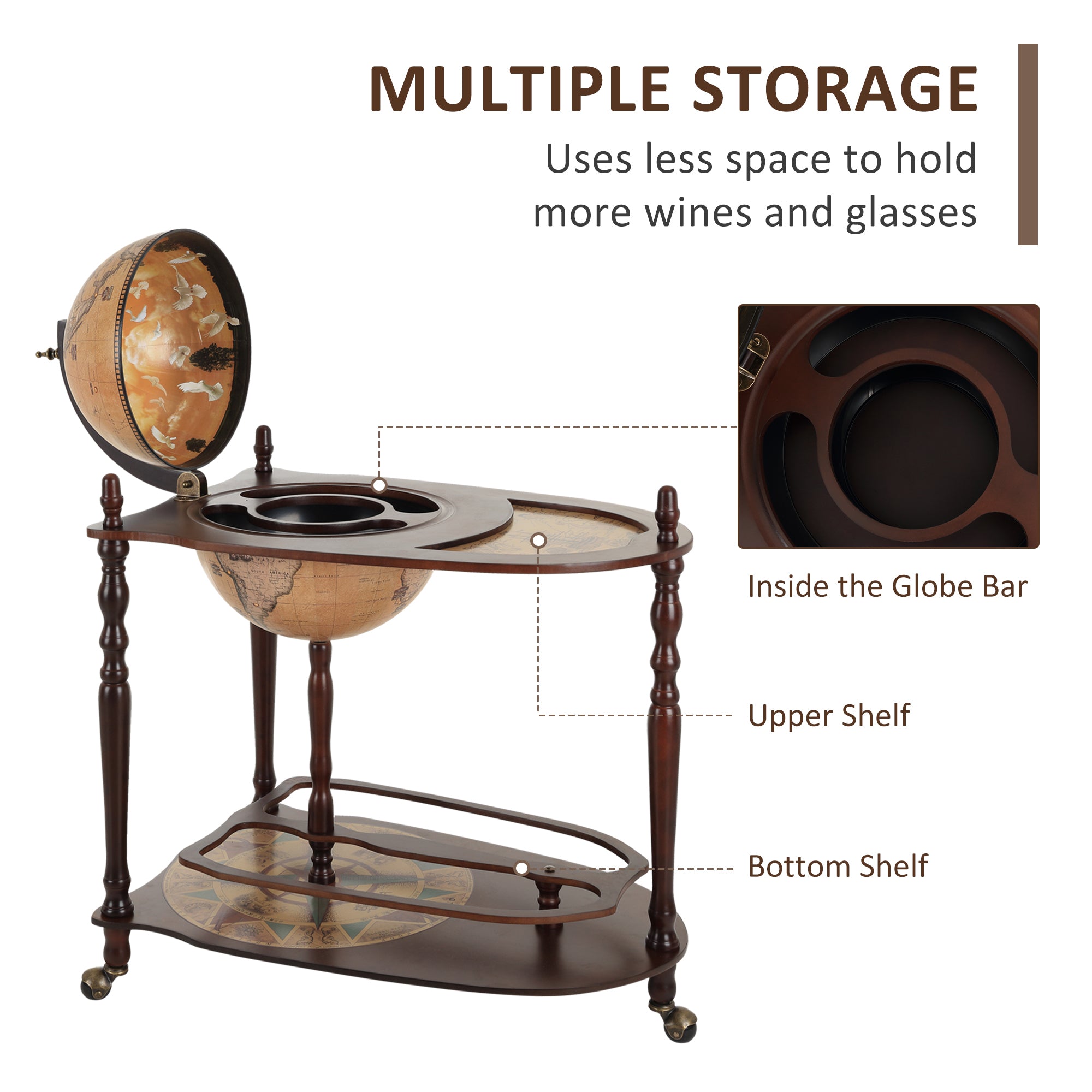 HOMCOM Bar Globe Drinks Cabinet Wine Container Minibar Storage Trolley Table with Bottle Glass Holder