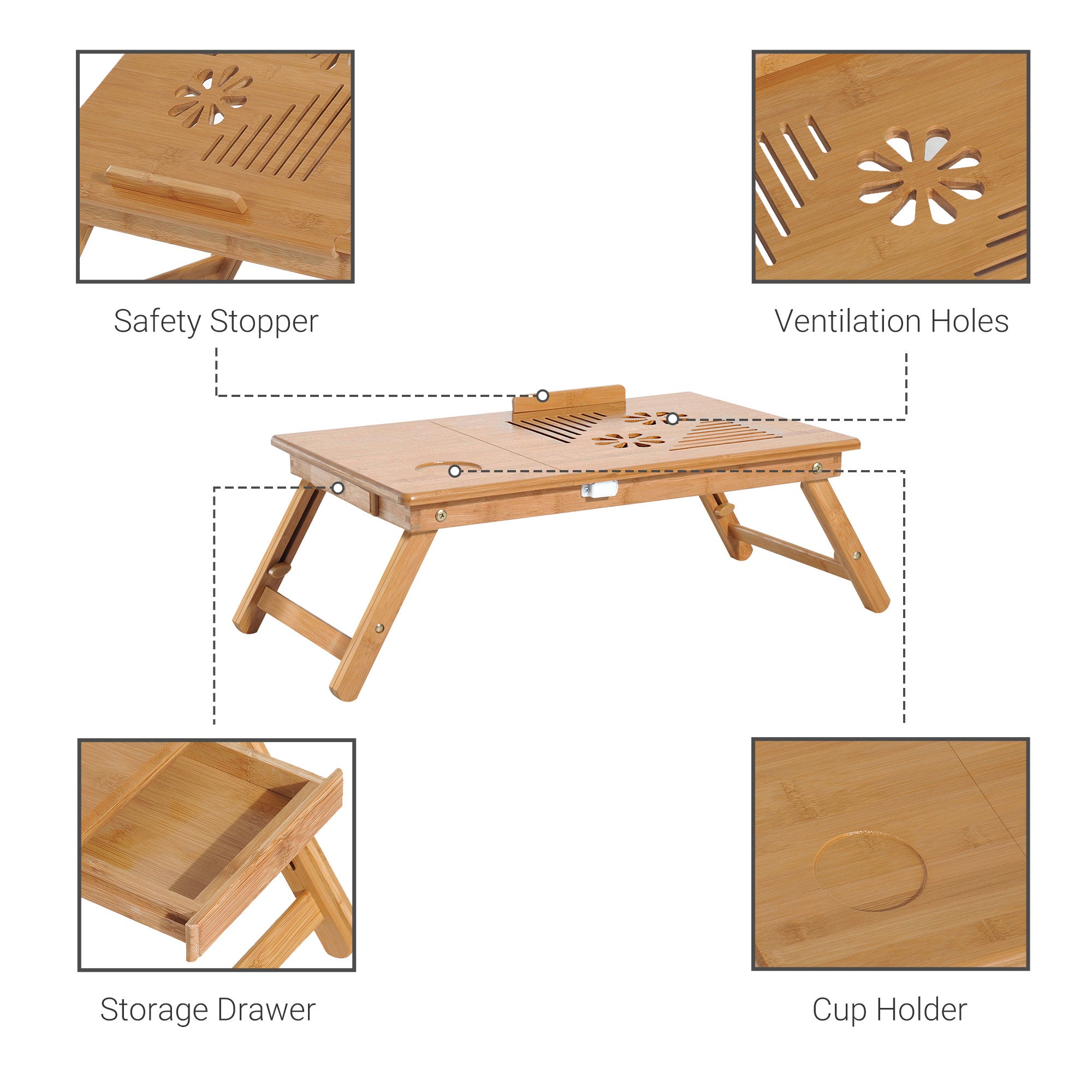 HOMCOM Foldable Laptop Desk Portable Bamboo Laptop Desk with Drawer