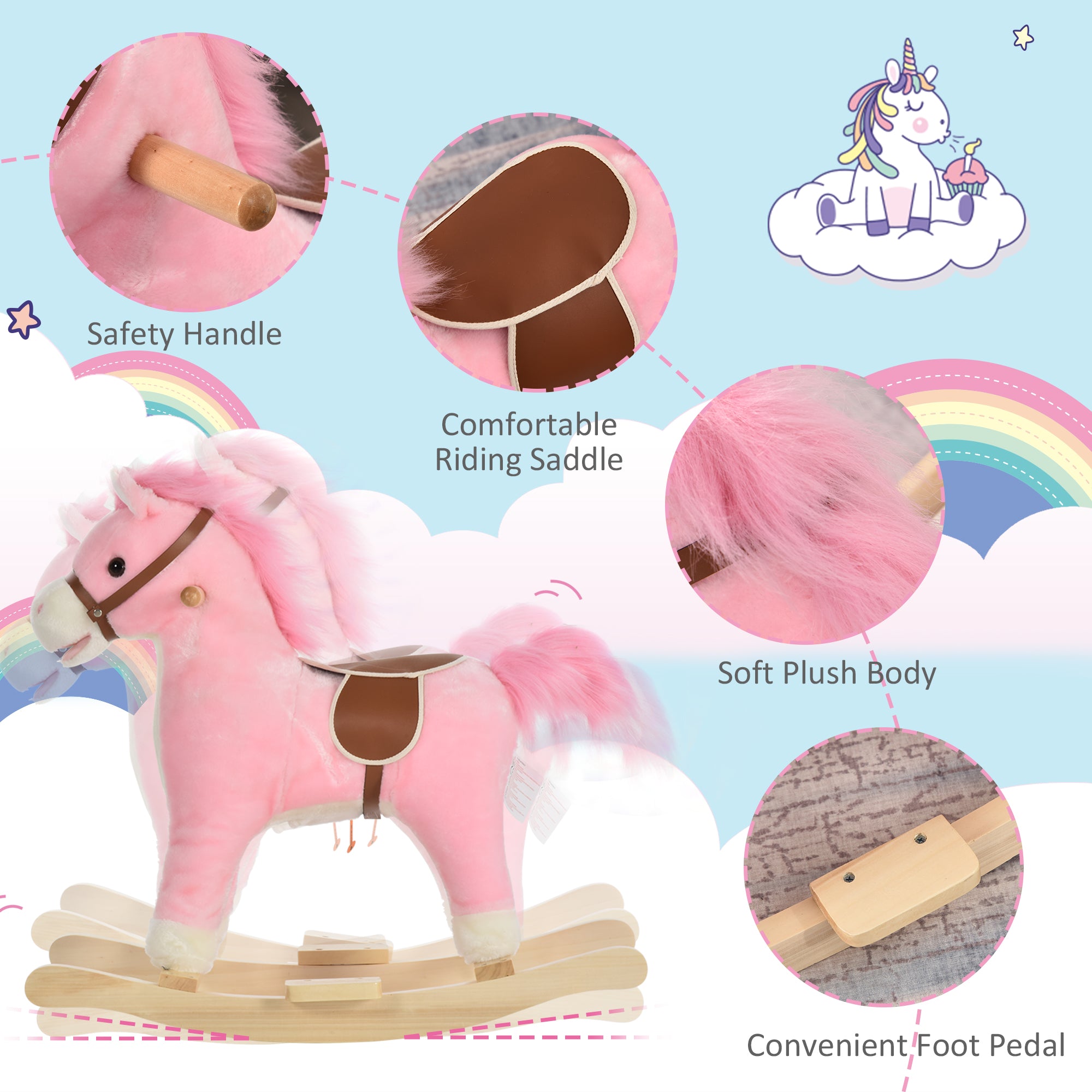 HOMCOM Kids Ride On Plush Rocking Horse w/ Sound Pink