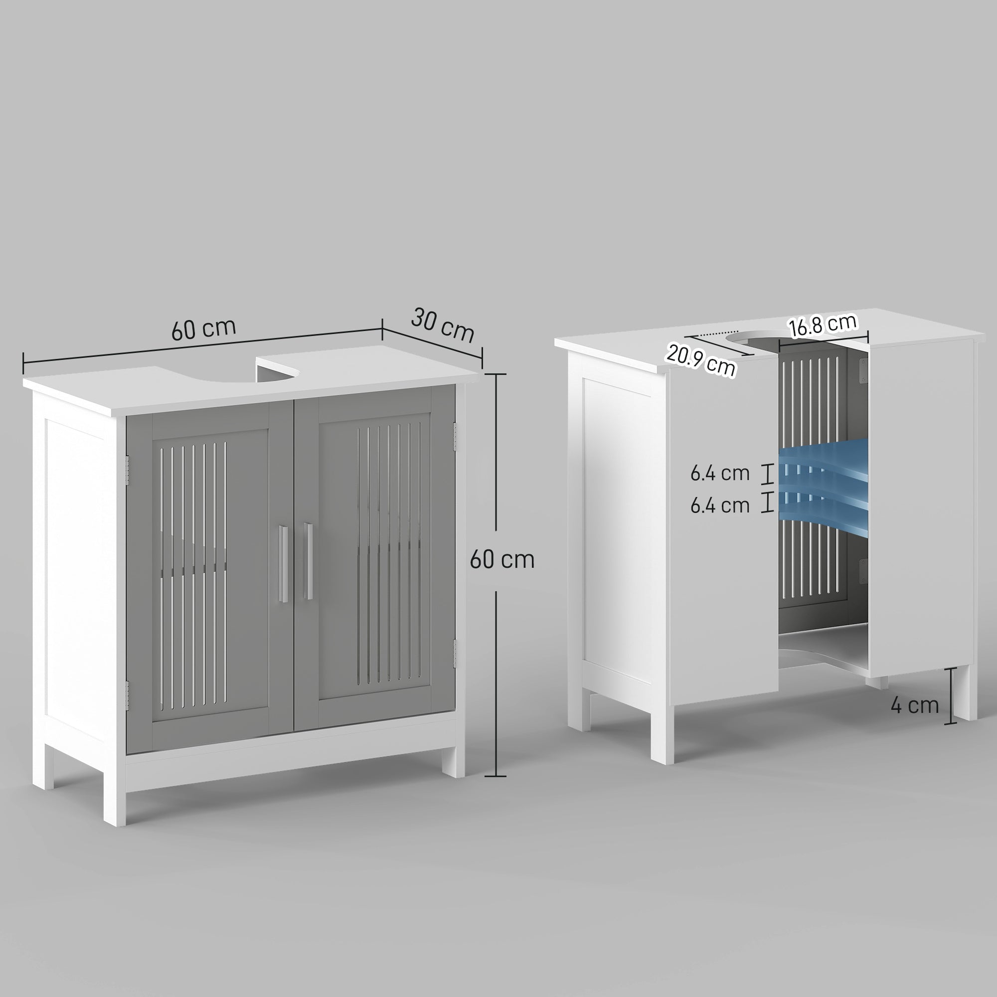 Kozy Modern Under Sink Cabinet with 2 Doors, Bathroom Vanity Unit, Pedestal Under Sink Design, Storage Cupboard with Adjustable Shelves, Grey