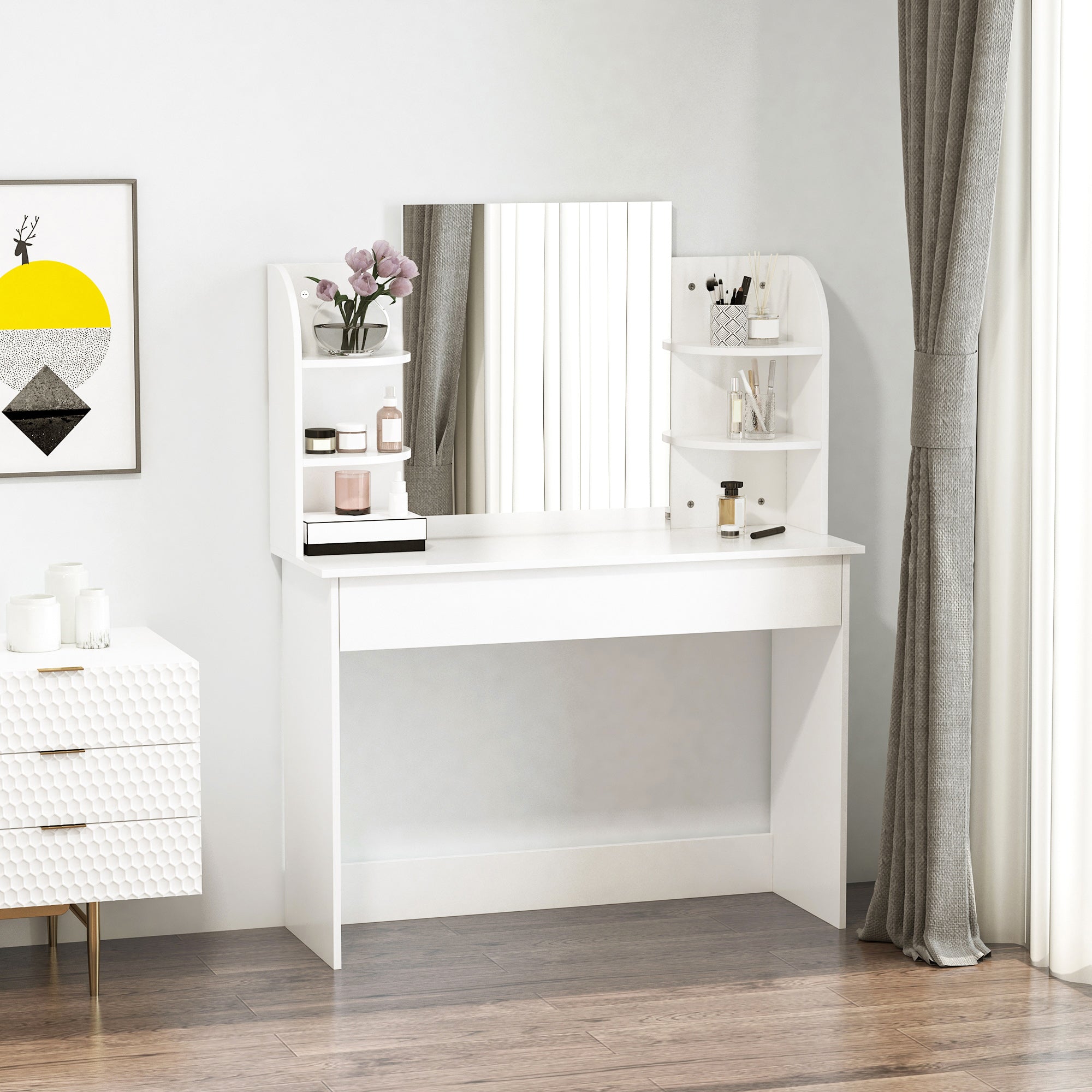 Kozy Modern Dressing Table Writing Desk W/ Mirror, Big Drawers, 2-Tier Open Shelf For Home Bedroom White