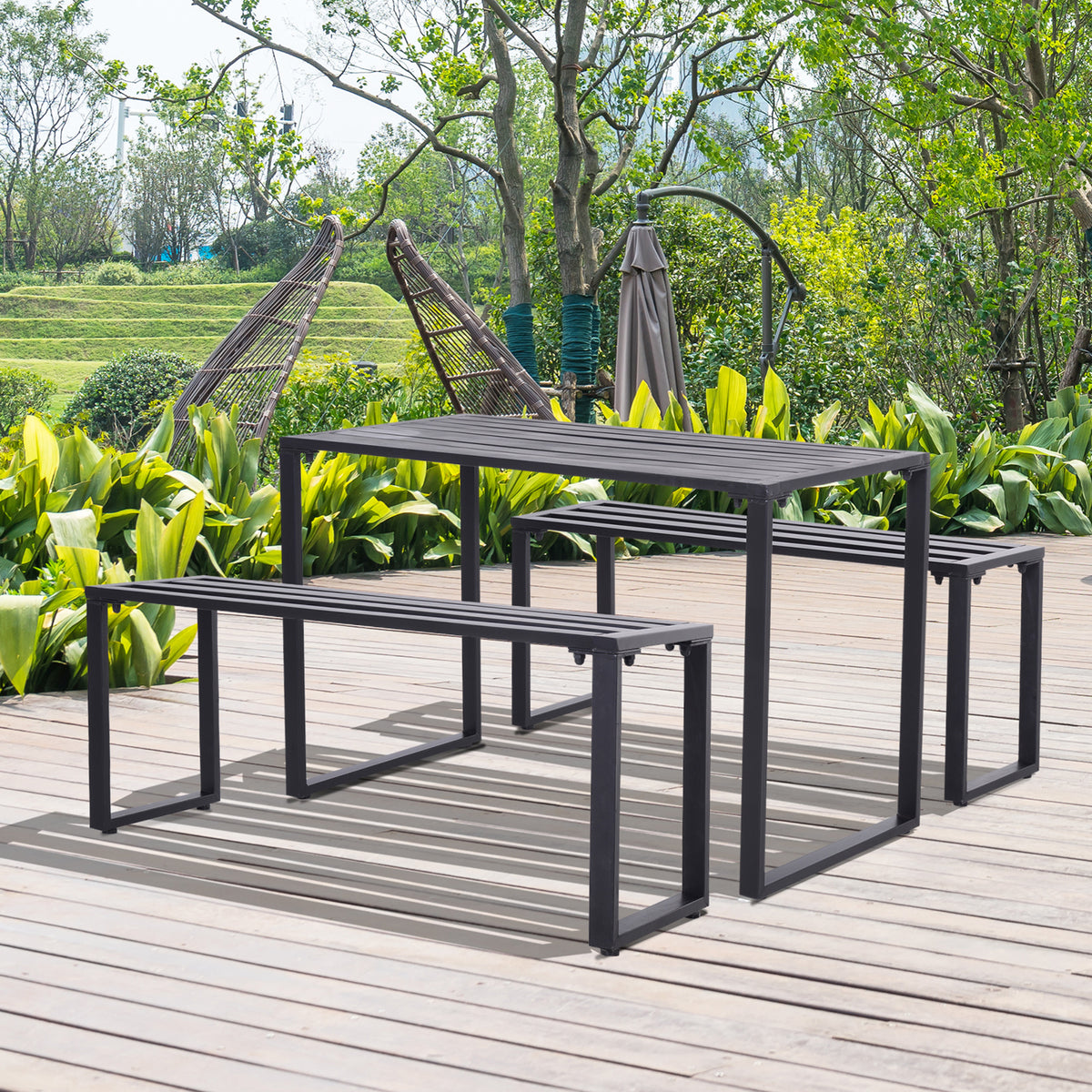 Outsunny 3Pcs Outdoor Dining Set Metal Beer Table Bench Patio Garden Yard Black