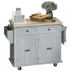 HOMCOM Rolling Kitchen Island Storage Trolley with Rubber Wood Top & Drawers for Dining Room, Grey | Aosom UK