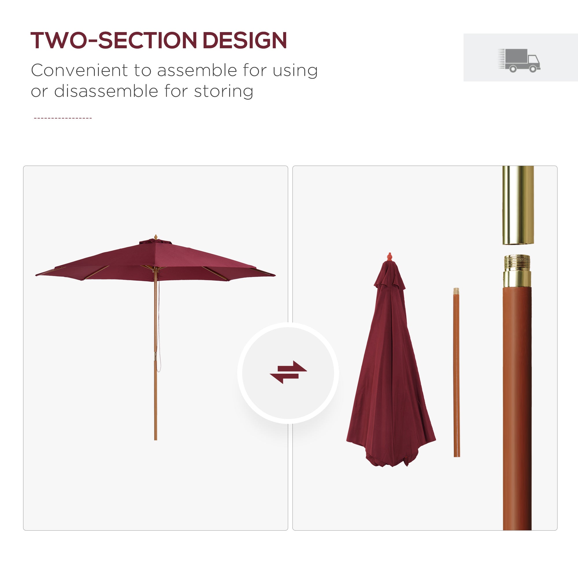Kozy 3(m) Garden Parasol, Pulley Operated Patio Umbrella, Wooden Table Market Umbrella with Rope Pulley Mechanism and 8 Ribs, Wine Red