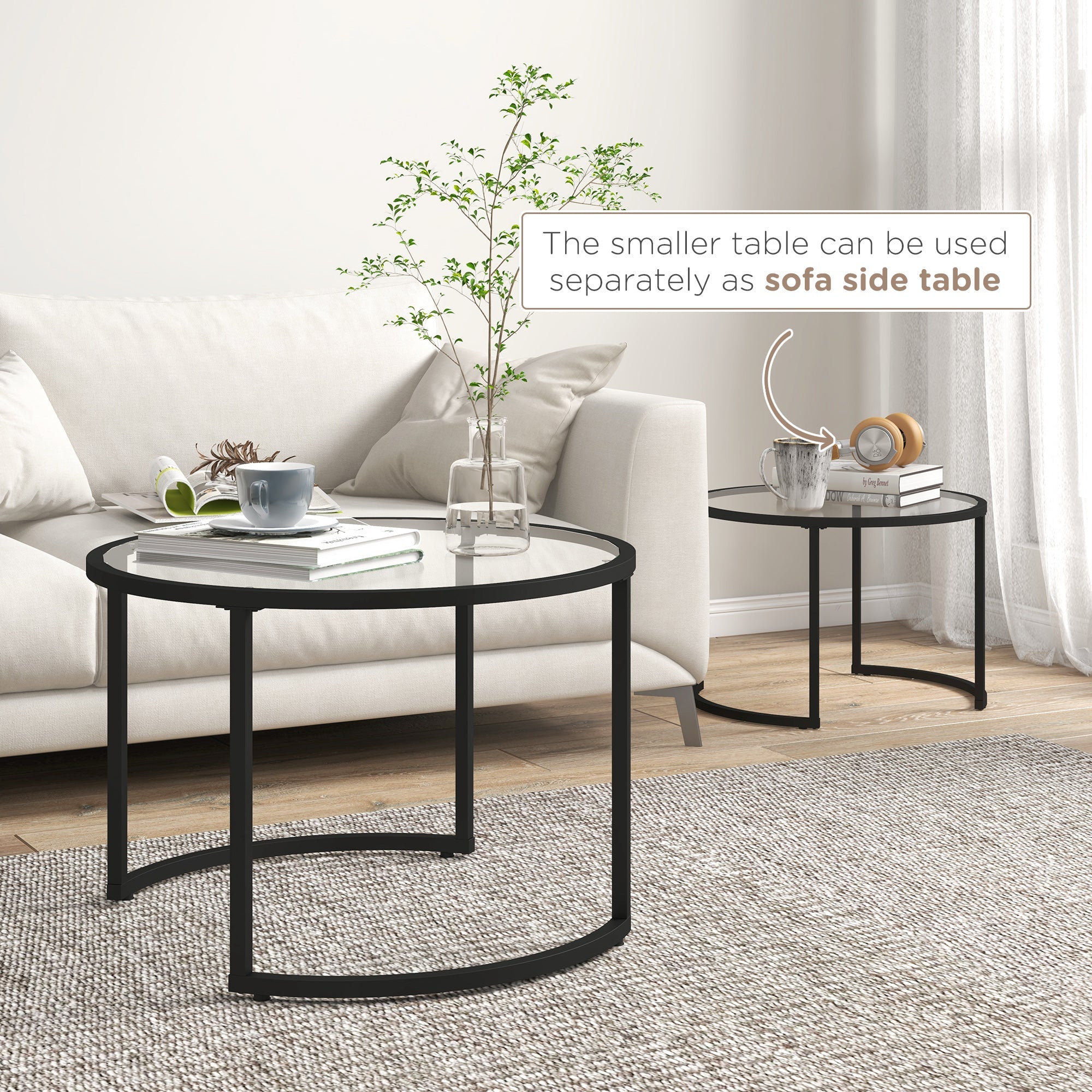 HOMCOM Glass Coffee Table Set of 2, Round Nest of Tables w/ Tempered Glass Tabletop, Steel Frame, Modern Side Tables for Living Room, Black | Aosom UK