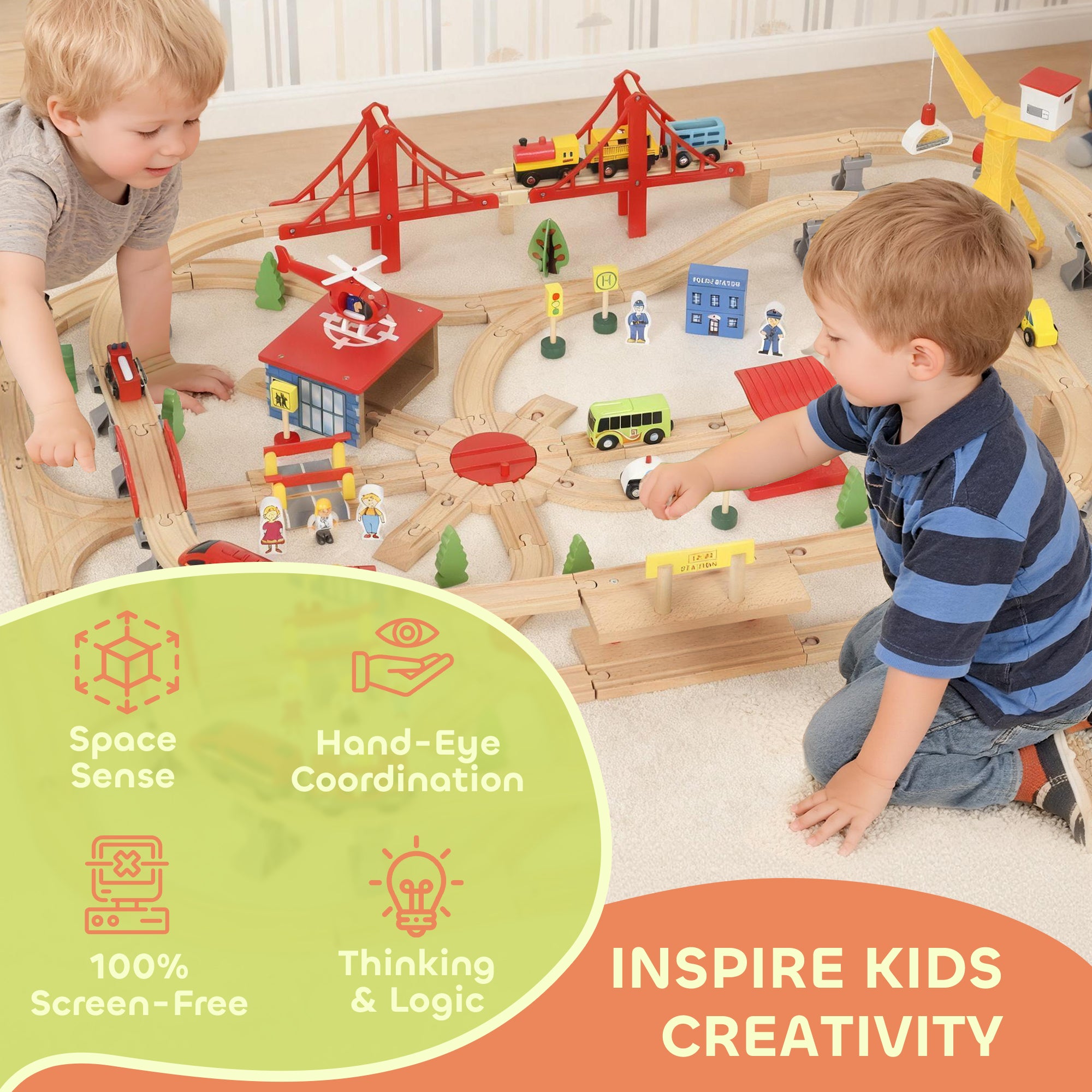 Kozy 133-Piece Wooden Train Set, Toy Train with Crane, Storage Box, for Kids Ages 3+