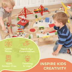 Kozy 133-Piece Wooden Train Set, Toy Train with Crane, Storage Box, for Kids Ages 3+