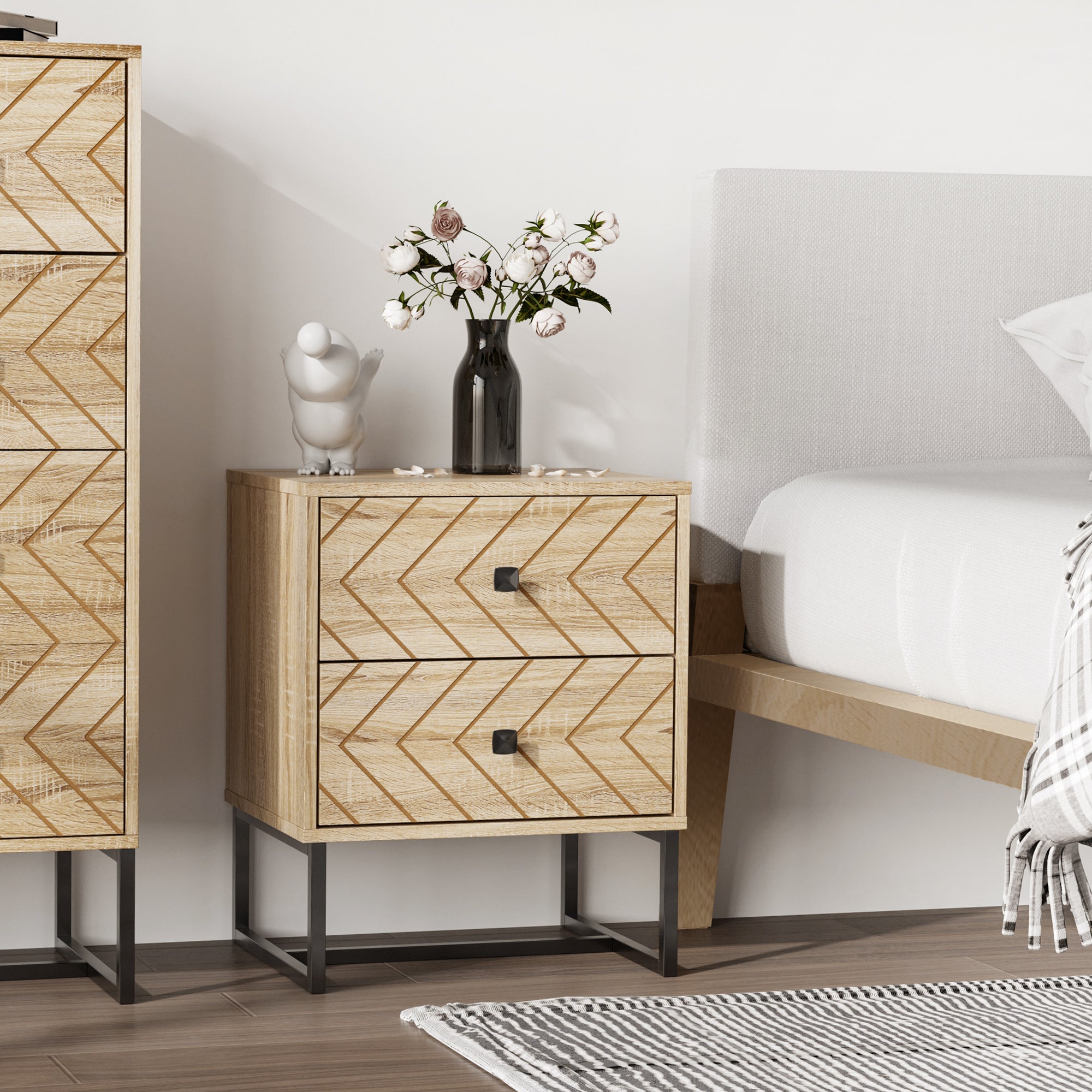 Kozy Bedside Table Nightstand Two-Drawer Bedroom Storage Unit Zig Zag Design with Black Metal Handles, Natural