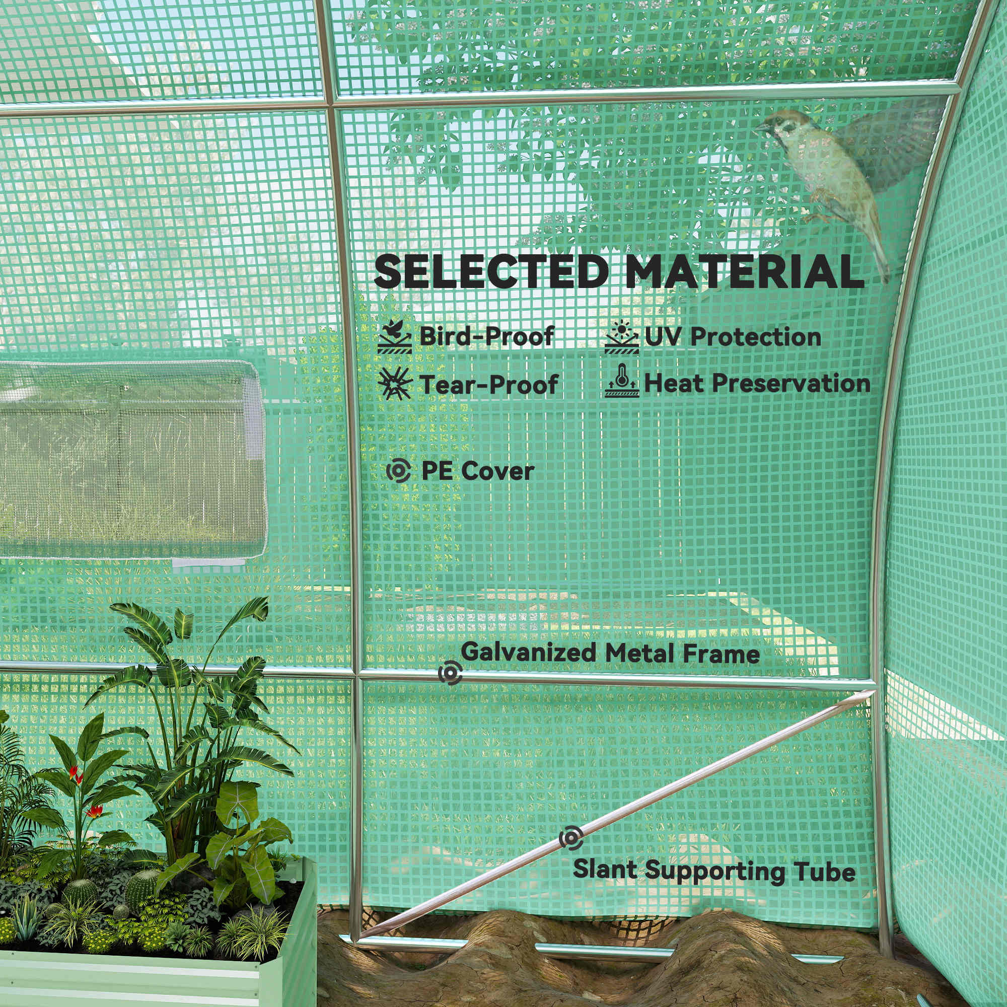 Kozy Large Polytunnel Walk In Greenhouse, Plant Gardening Tunnel Green House with Metal Hinged Door, Galvanised Steel Frame & Mesh Windows, Green (3 x 6 m)