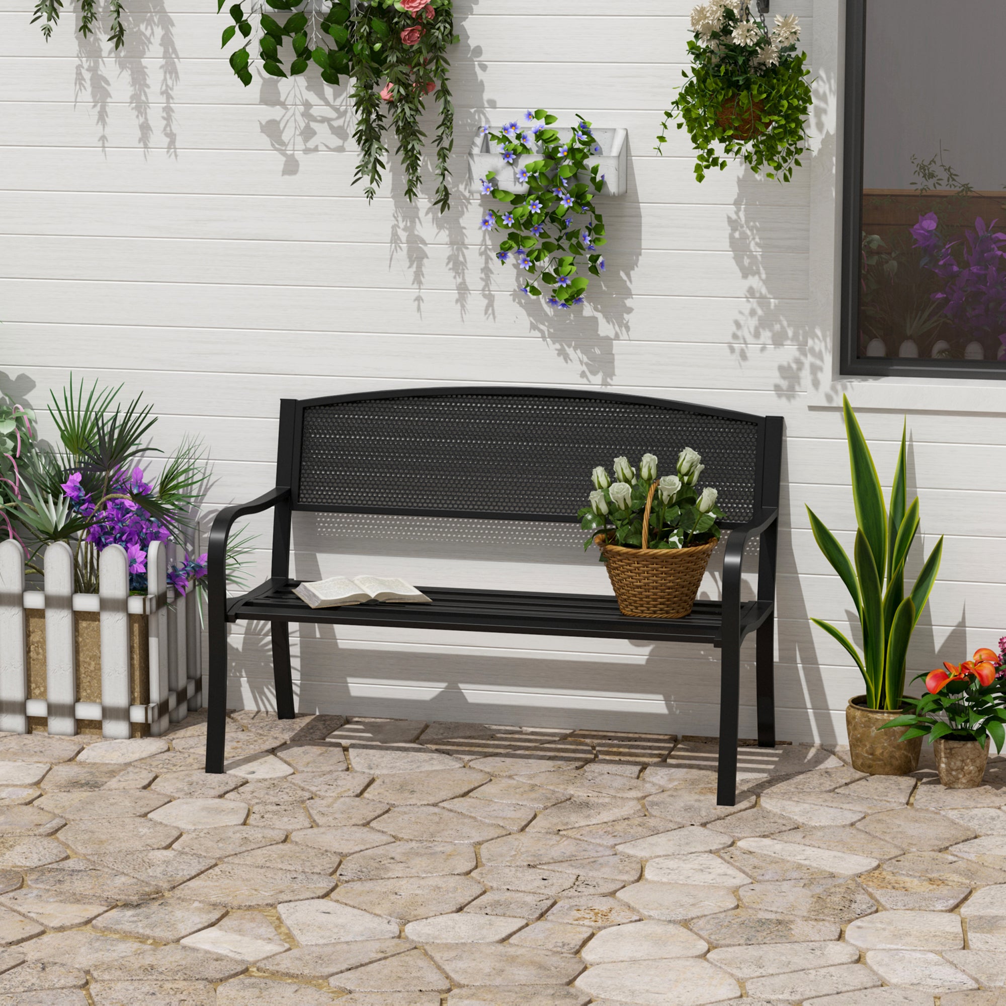 Kozy Garden Bench Furniture Patio Park 2 Person Chair Seat Steel Black 120cm Outdoor