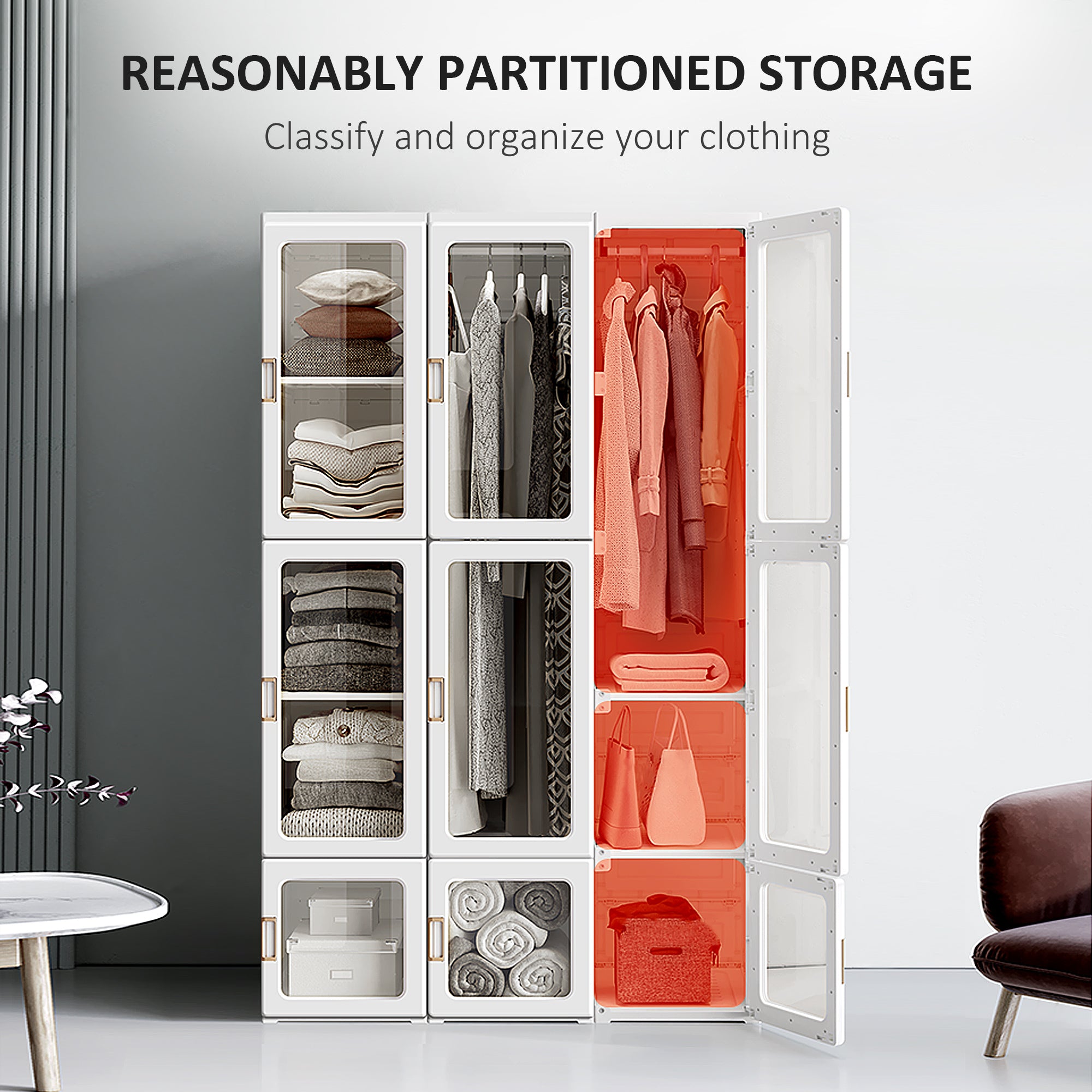 Kozy Portable Clothes Wardrobe for Bedroom, Foldable Clothes Organiser with Cube Storage, Hanging Rods, Magnet Doors, White