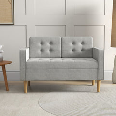 HOMCOM Modern 2 Seater Sofa with Hidden Storage, 117cm Tufted Cotton Couch, Compact Loveseat Sofa with Wood Legs, Light Grey