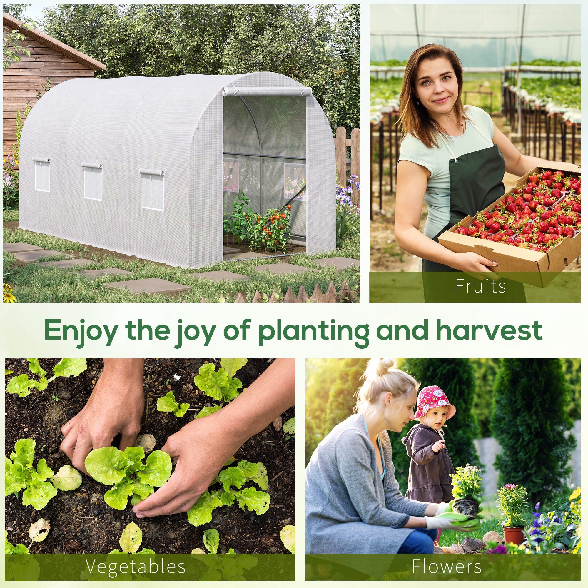 Kozy 3.5 x 2 x 2 m Polytunnel Greenhouse, Walk-in Green House for Garden with Mesh Windows, Galvanised Steel Frame, White