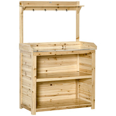 Kozy Garden Potting Bench Table, Wooden Workstation Bench w/ Galvanized Metal Tabletop, Storage Shelves and Hooks, Natural
