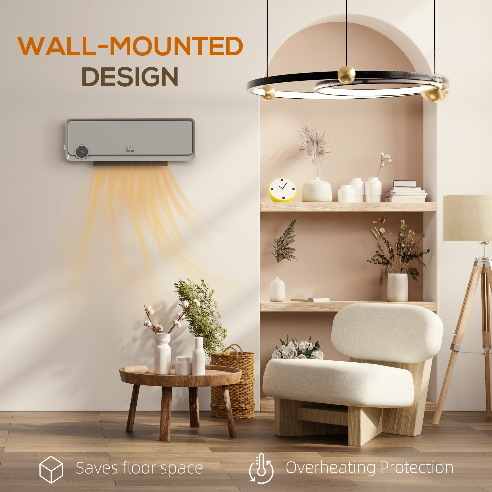Kozy - Wall Downflow Heater 2 Heat and Fan 1000W/2000W, Electric Space Heater with Timer Remote Oscillating, for Bedroom Home Office, Grey