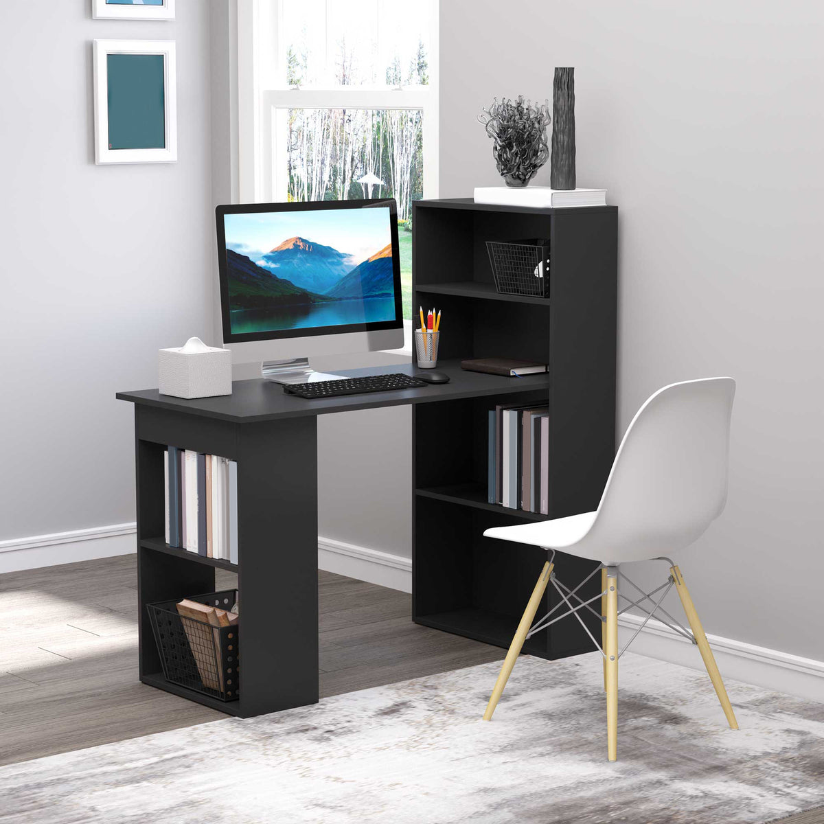 HOMCOM 120cm Modern Computer Desk Bookshelf  Writing Table Workstation PC Laptop Study Home Office 6 Shelves Black