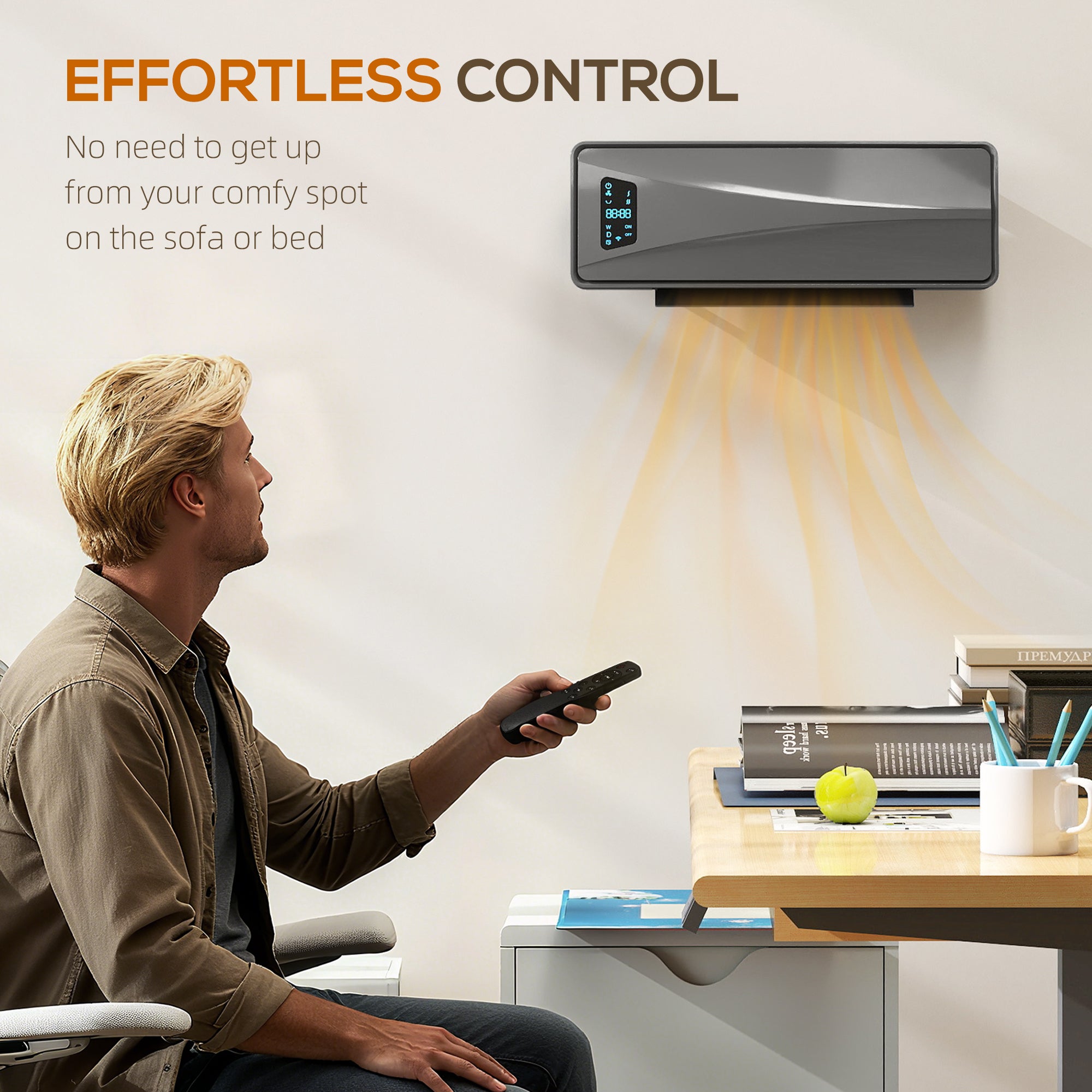 Kozy 2000W Ceramic Electric Heater with Fan, Adjustable Thermostat, Wall Mounted - Grey