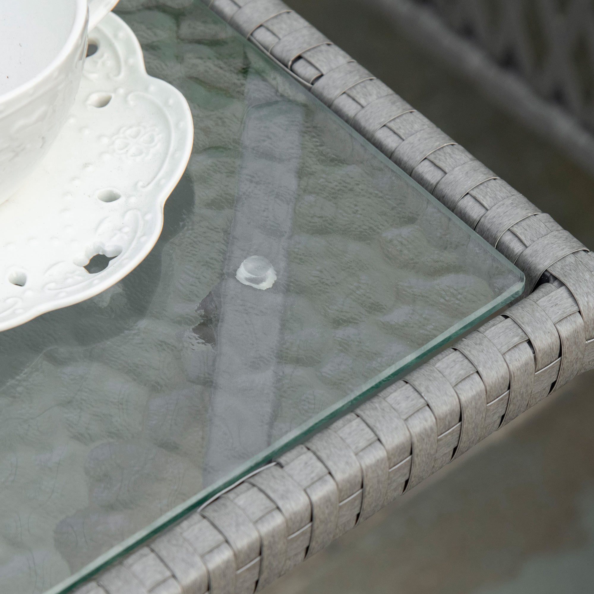 Kozy 3 Pieces Rattan Bistro Set with Glass Top Coffee Table, Chairs and Cushions for Outdoor, Patio, Balcony, Grey