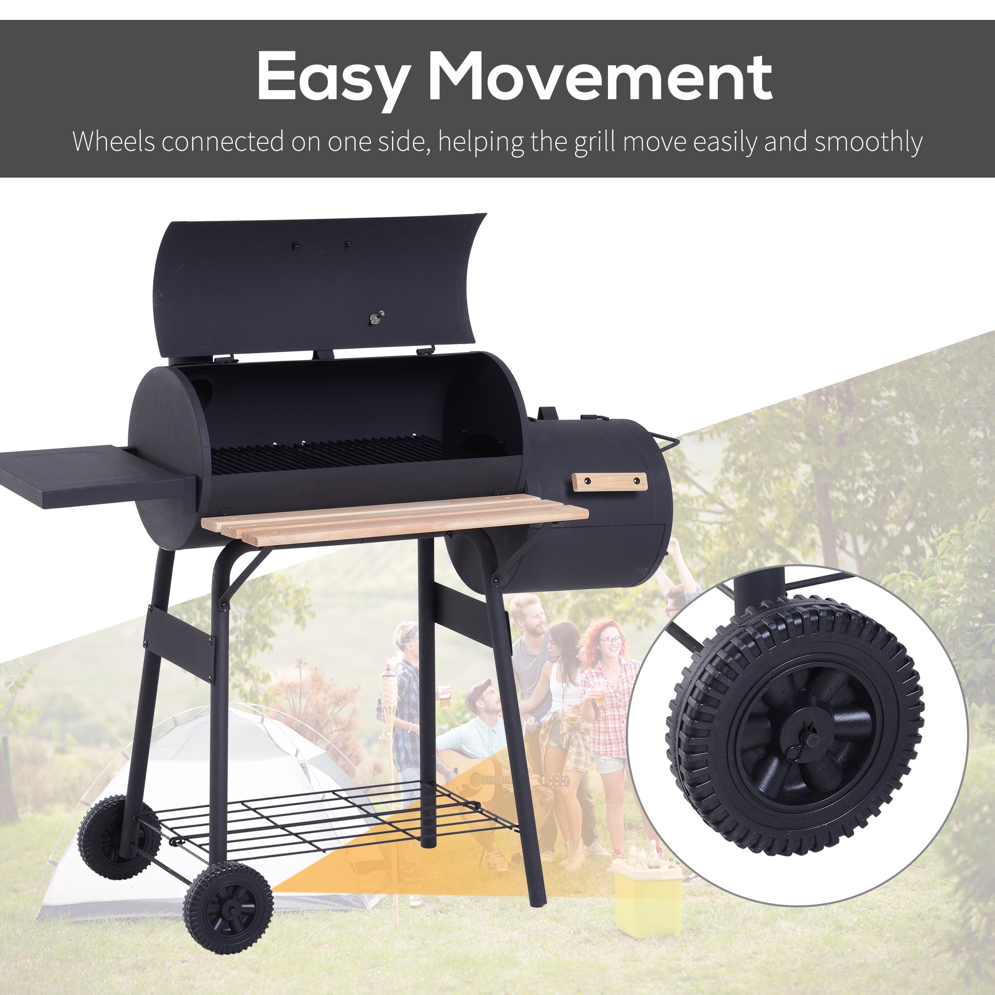 Kozy Portable Charcoal BBQ Grill, Cold-rolled Steel, Solid Wood, 104H x 124L x53W cm-Black