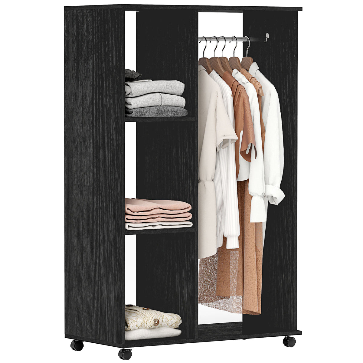 Kozy Open Wardrobe on Wheels, Bedroom Wardrobe with Clothes Hanging Rail, 3 Storage Shelves, Mobile Garment Rack for Cloakroom, Hallway, Black