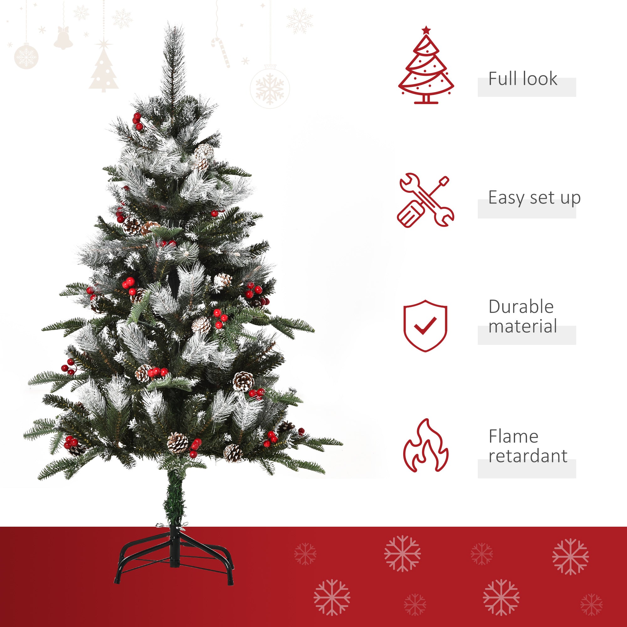 Kozy 4FT Artificial Snow Dipped Christmas Tree Xmas Pencil Tree Holiday Home Party Decoration with Foldable Feet Red Berries White Pinecones, Green