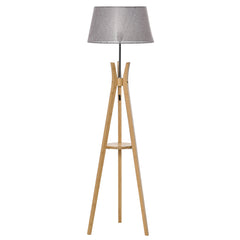 Kozy Natural Wood Tripod Floor Lamp Light E27 Base Bedroom Living Room Fabric Shade Storage Shelf Foot Switch, 156cm, Grey