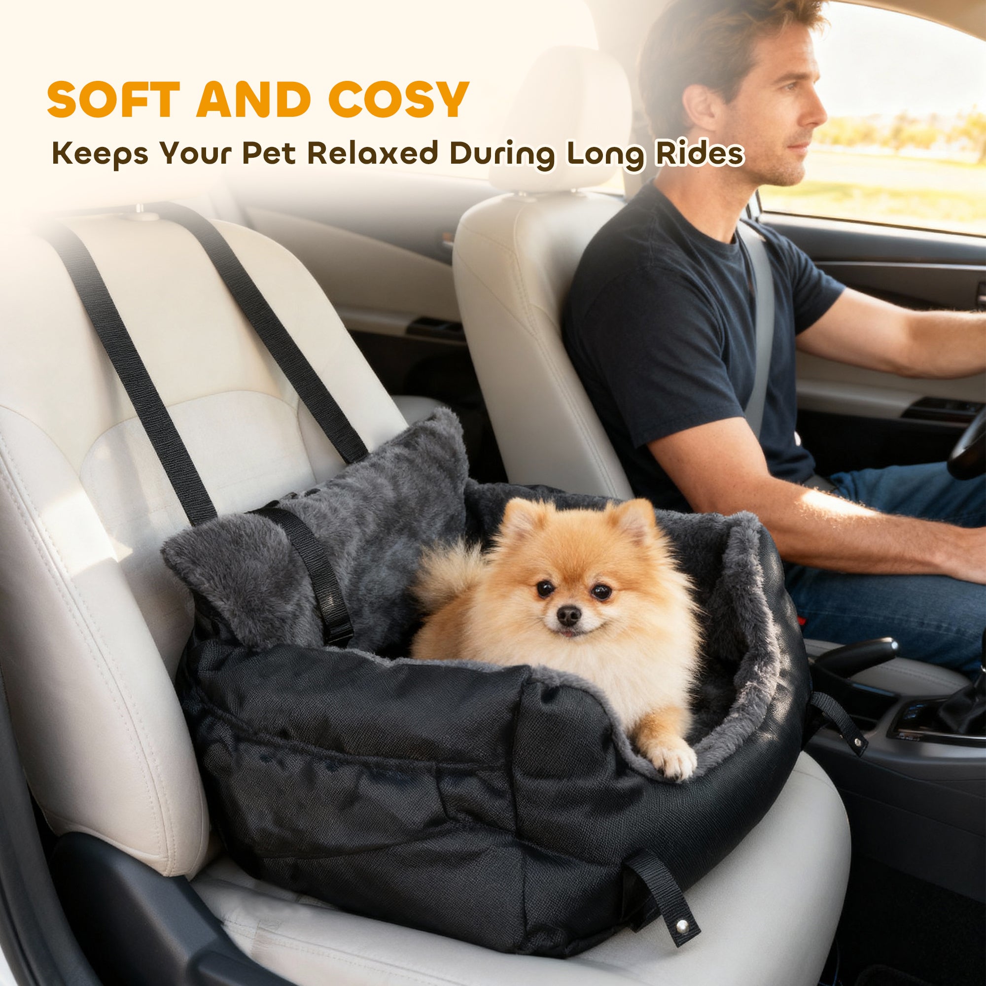 Kozy Dog Car Seat for Small Dogs with Fixed Buckle, Safety Leash, Washable Cover, 58 x 45 x 28 cm, Black