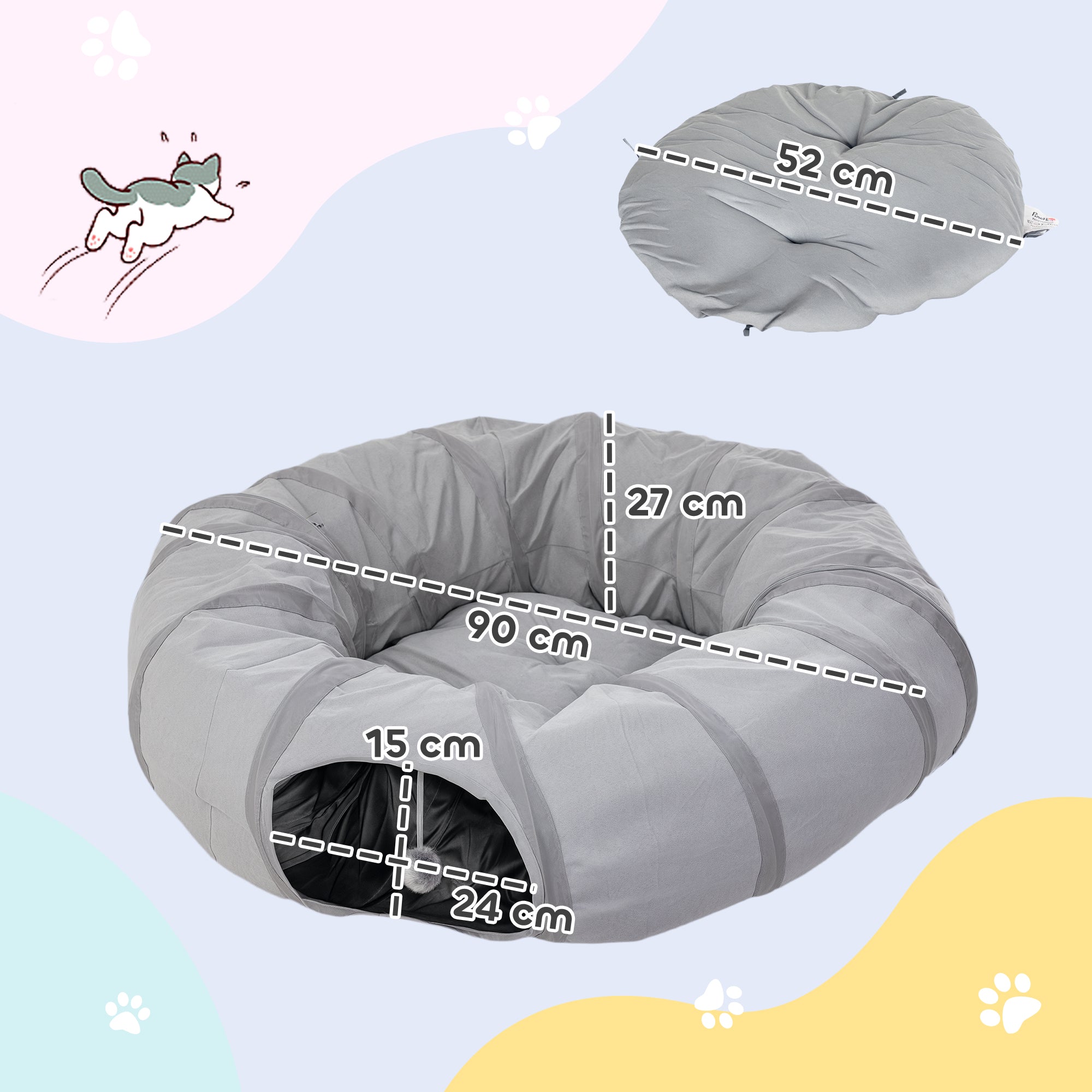 Kozy - 2 in 1 Cat Tunnel with Bed, Cat Play Tunnel with Ball & Peek Hole for Indoor Cats, Grey