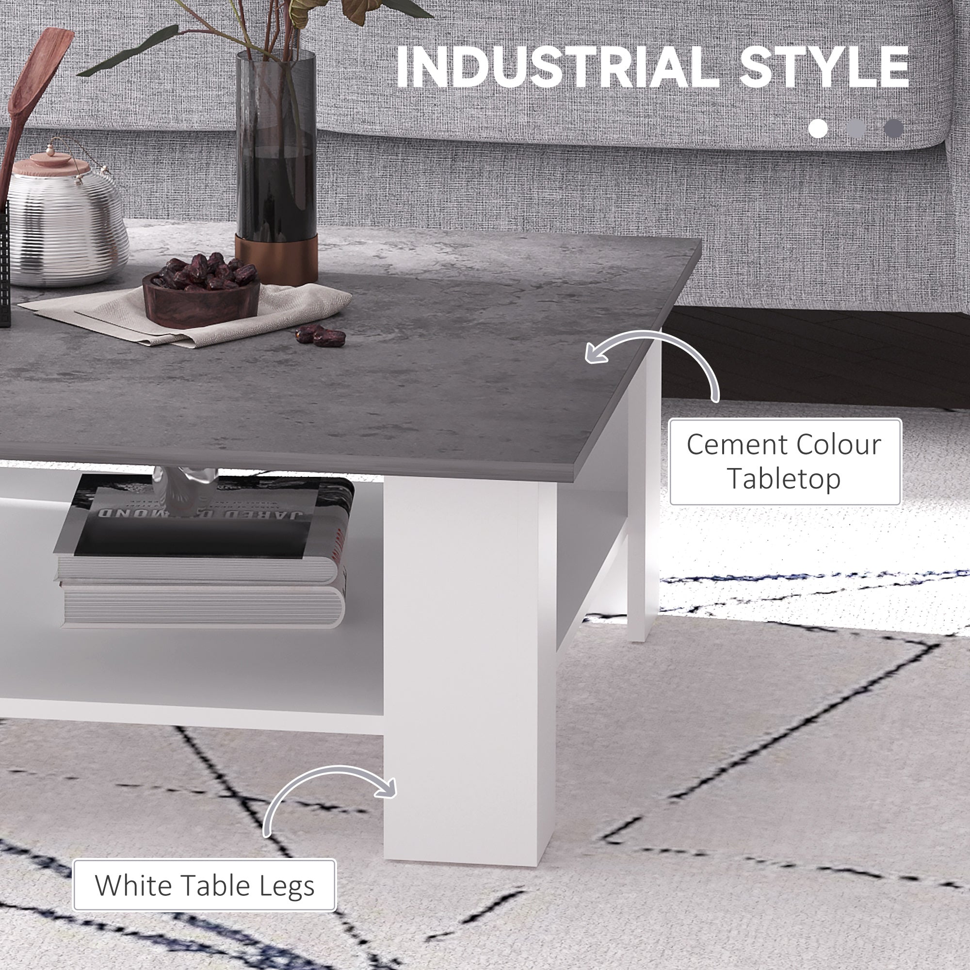 Kozy Square Coffee Table, Wooden Coffee Table with Storage, Cocktail Center Tea Table for Home Office, 80W x 80D x 31.5Hcm, Grey and White