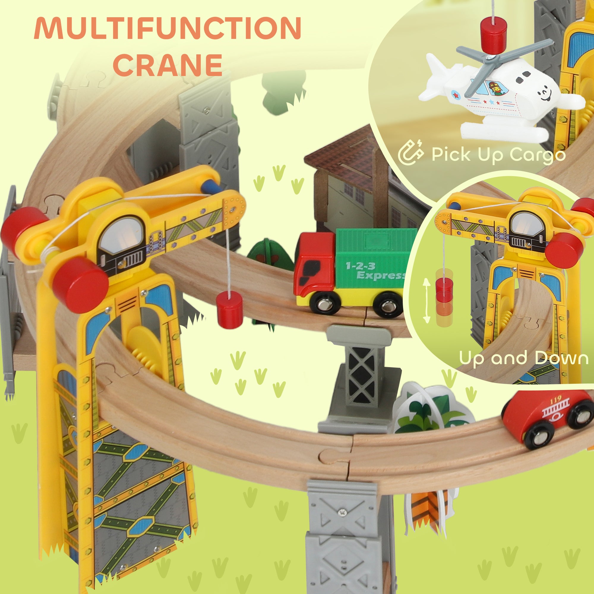 Kozy 100 Piece Wooden Train Set for Kids 3+ Years with Track, Crane, Battery Operated Train