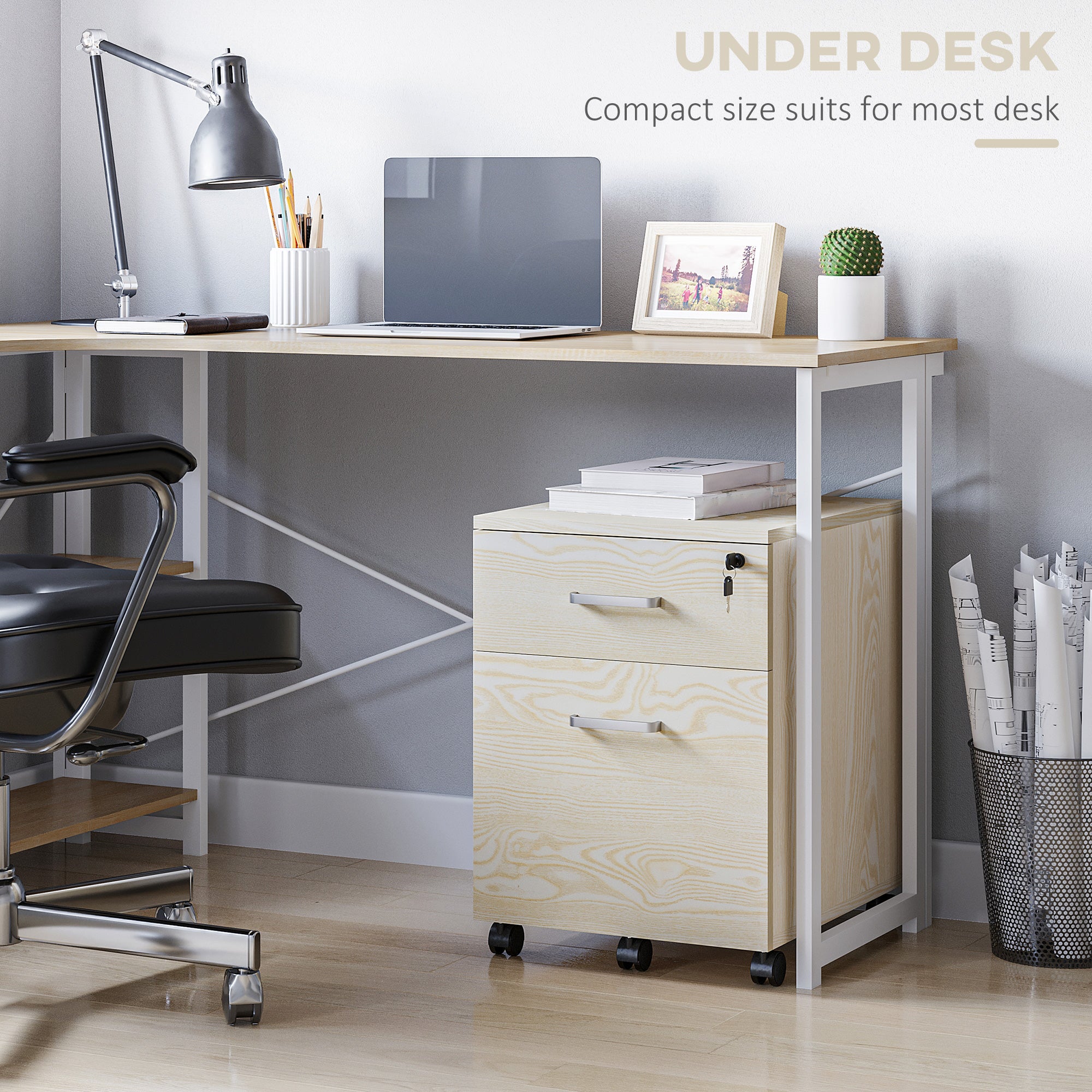 Kozy 2-Drawer Locking Office Filing Cabinet w/ 5 Wheels Rolling Storage Hanging A4 Cupboard Home Organisation, Oak Wood Grain