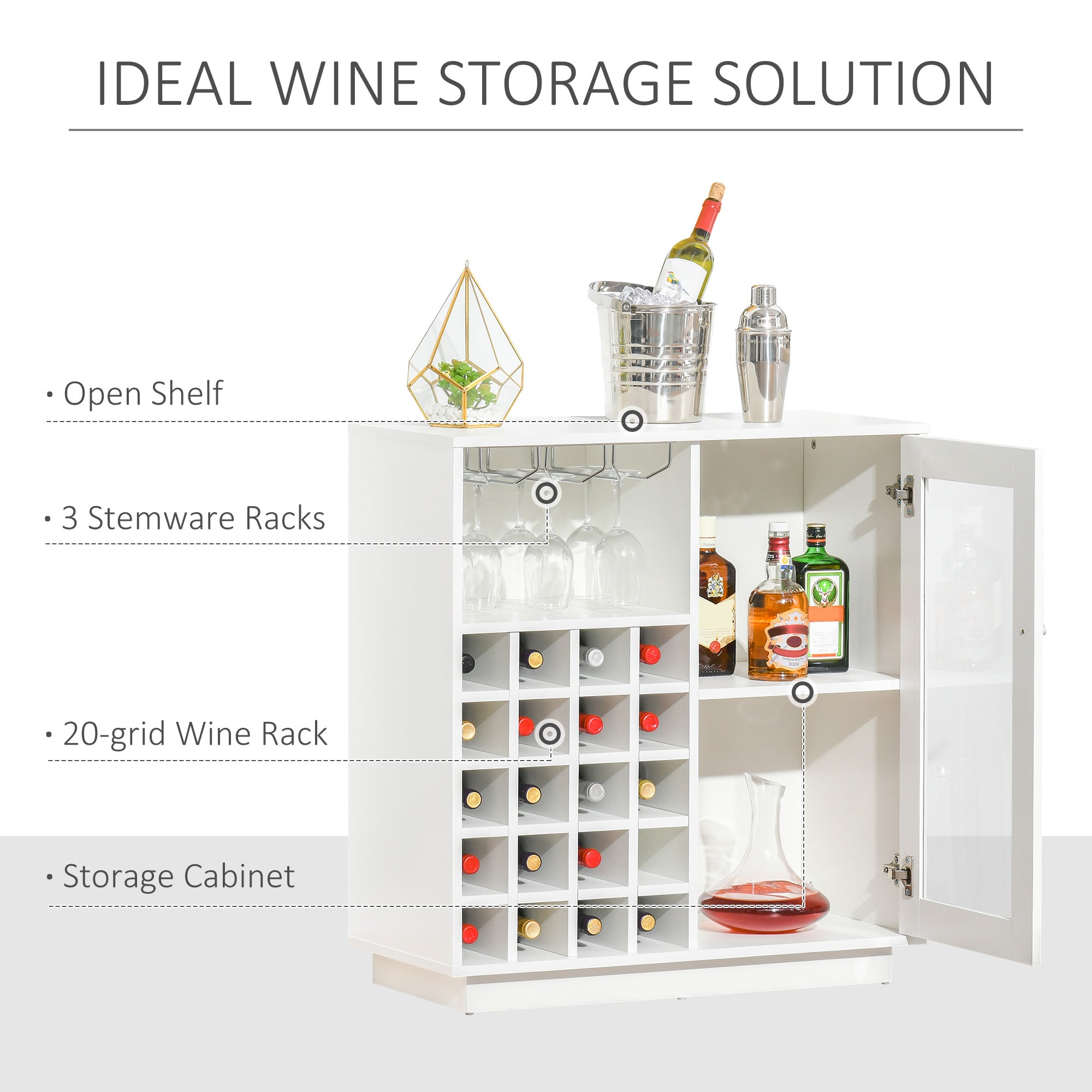 Kozy Modern Wine Cabinet Cupboard with Glass Door, Glass Holder & 20-Bottle Wine Rack for Living Room, Home Bar, Dining Room