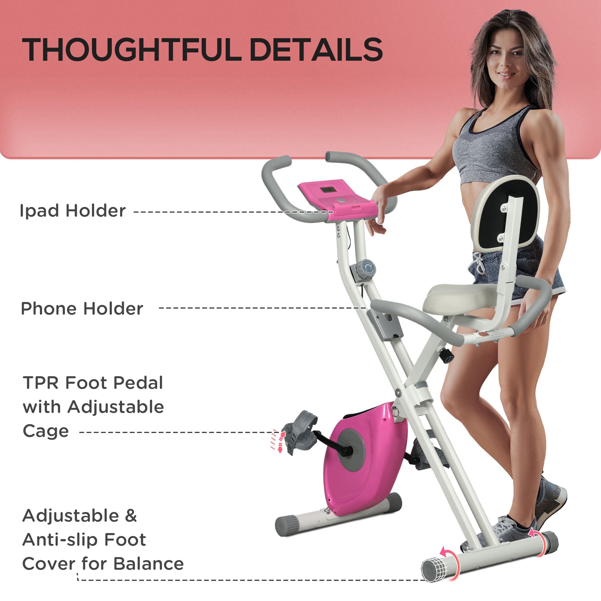 Kozy Folding Exercise Bike, with Adjustable Magnetic Resistance, Seat Height - White and Pink